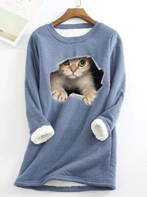 Casual Plus Size Cat Print Round Neck Long Sleeve Teddy Sherpa Fleece Pullover - Image 3