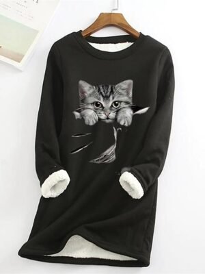 Casual Plus Size Cat Print Round Neck Long Sleeve Teddy Sherpa Fleece Pullover - Image 4