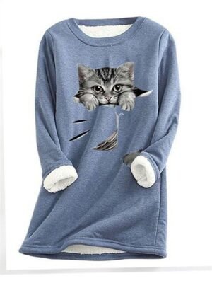 Casual Plus Size Cat Print Round Neck Long Sleeve Teddy Sherpa Fleece Pullover - Image 5