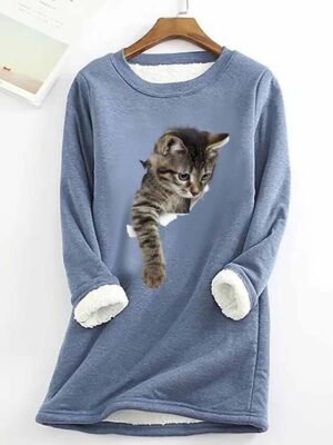 Casual Plus Size Cat Print Round Neck Long Sleeve Teddy Sherpa Fleece Pullover - Image 8
