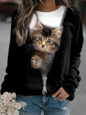 Casual Plus Size Cat Round Neck Long Sleeve Sweatshirt - Image 1