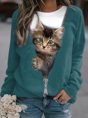 Casual Plus Size Cat Round Neck Long Sleeve Sweatshirt - Image 3