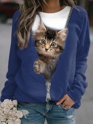 Casual Plus Size Cat Round Neck Long Sleeve Sweatshirt - Image 4