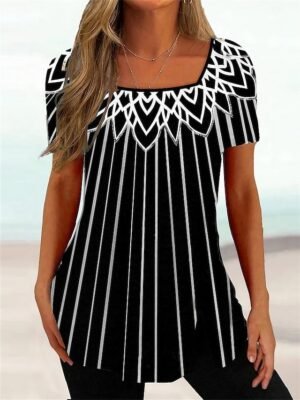 Casual Plus Size Striped Square Neck Short Sleeve Regular Tunic - Image 1