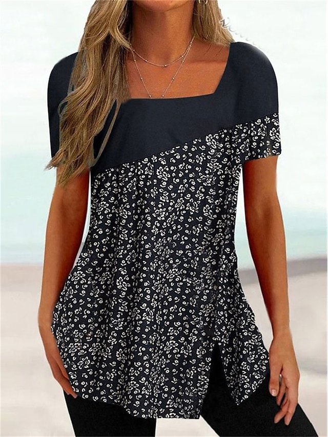 Casual Plus Size Striped Square Neck Short Sleeve Regular Tunic - Image 2