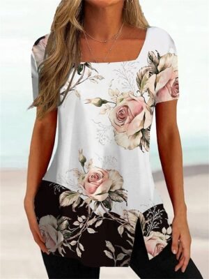 Casual Plus Size Striped Square Neck Short Sleeve Regular Tunic - Image 4