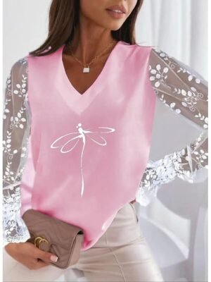 Casual Regular Animal V Neck Long Sleeve T-Shirt - Image 2