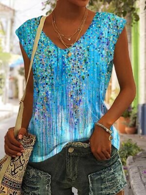 Casual Regular Basic Print V Neck Sleeveless Tank Top - Image 2