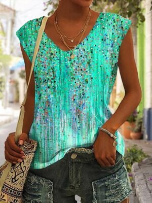 Casual Regular Basic Print V Neck Sleeveless Tank Top - Image 3