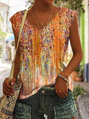 Casual Regular Basic Print V Neck Sleeveless Tank Top - Image 4