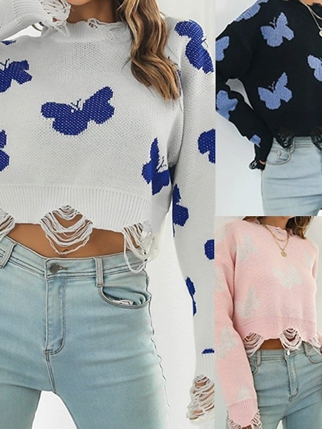 Casual Regular Butterfly Crew Neck Long Sleeve Regular Pullover - Image 1