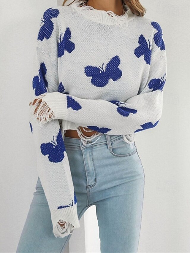 Casual Regular Butterfly Crew Neck Long Sleeve Regular Pullover - Image 2