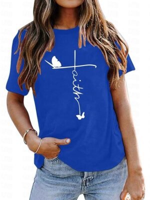 Casual Regular Butterfly Letter Round Neck Short Sleeve Top - Image 2