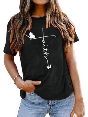 Casual Regular Butterfly Letter Round Neck Short Sleeve Top - Image 4