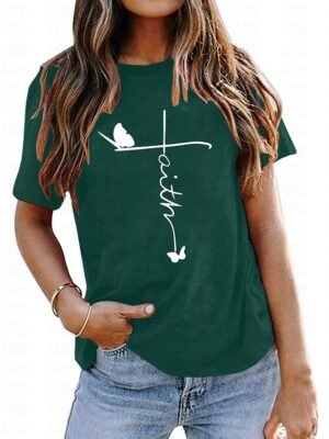 Casual Regular Butterfly Letter Round Neck Short Sleeve Top - Image 6