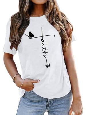 Casual Regular Butterfly Letter Round Neck Short Sleeve Top - Image 7