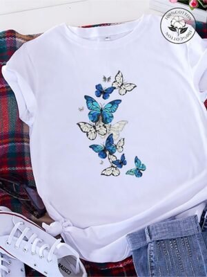 Casual Regular Butterfly Print Round Neck Short Sleeve Summer T-Shirt - Image 1