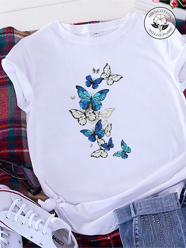 Casual Regular Butterfly Print Round Neck Short Sleeve Summer T-Shirt - Image 1