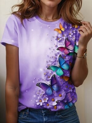 Casual Regular Butterfly Print Round Neck Short Sleeve Top - Image 1