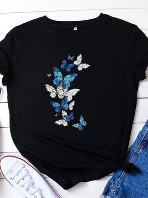 Casual Regular Butterfly Print Round Neck Short Sleeve Summer T-Shirt - Image 10