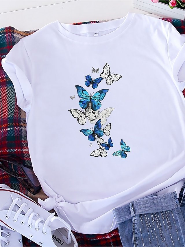 Casual Regular Butterfly Print Round Neck Short Sleeve Summer T-Shirt - Image 2