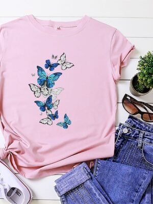 Casual Regular Butterfly Print Round Neck Short Sleeve Summer T-Shirt - Image 9
