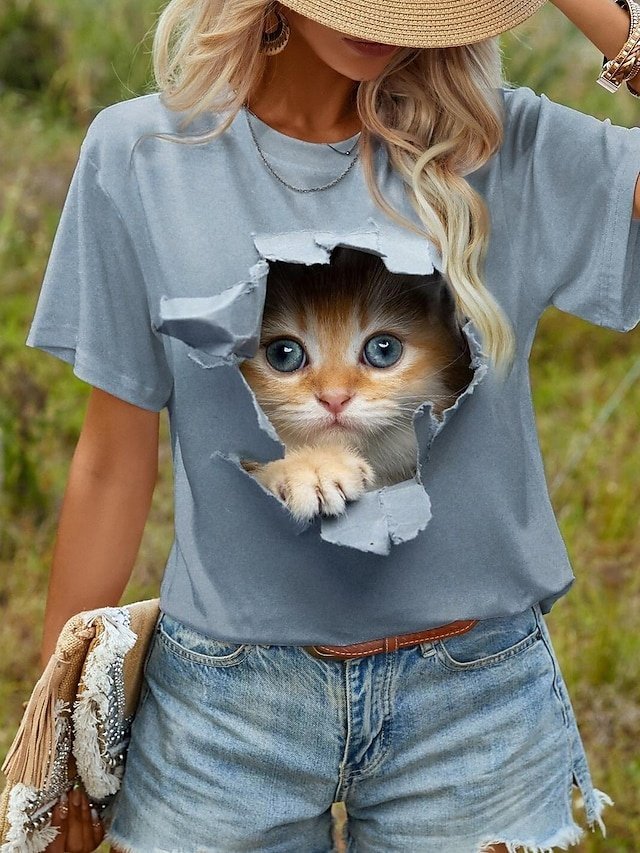 Casual Regular Cat Crew Neck Short Sleeve T-Shirt - Image 1