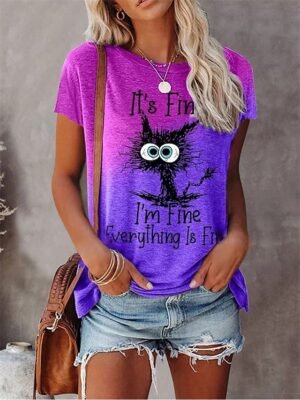 Casual Regular Cat Patchwork Print Round Neck Short Sleeve T-shirt - Image 2
