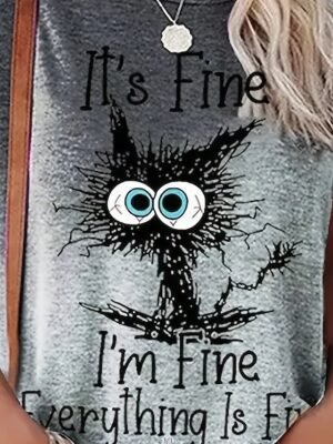 Casual Regular Cat Patchwork Print Round Neck Short Sleeve T-shirt - Image 7