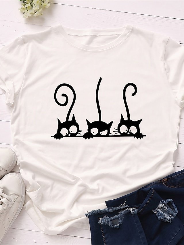 Casual Regular Cat Print Crew Neck Short Sleeve Tee - Image 1