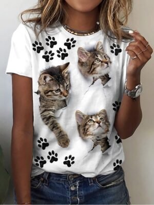 Casual Regular Cat Print Round Neck Short Sleeve Top - Image 1