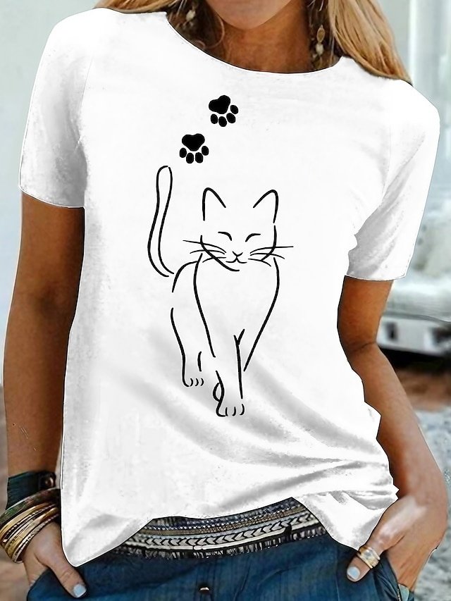 Casual Regular Cat Print Round Neck Short Sleeve T-Shirt - Image 1