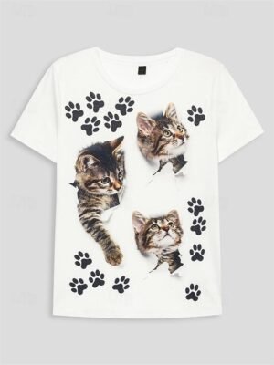Casual Regular Cat Print Round Neck Short Sleeve Top - Image 2