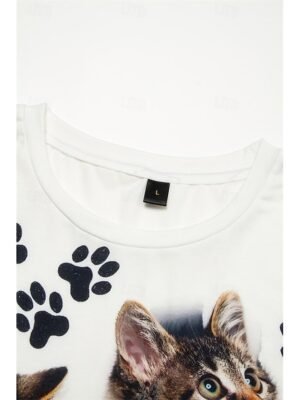 Casual Regular Cat Print Round Neck Short Sleeve Top - Image 4