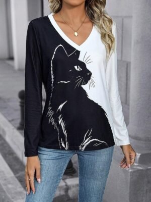 Casual Regular Cat Print Round Neck Short Sleeve Tops - Image 4
