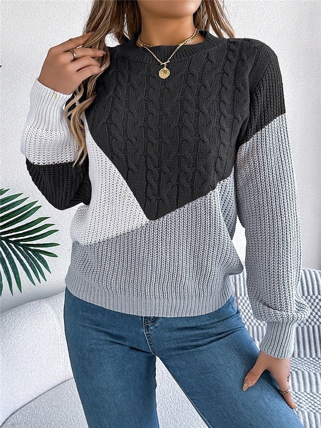 Casual Regular Colour Block Crew Neck Long Sleeve Knitted Jumper - Image 1