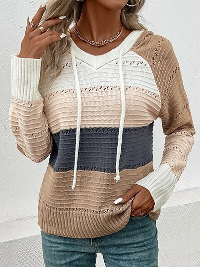 Casual Regular Colour Block V Neck Hooded Long Sleeve Pullover - Image 1
