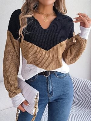Casual Regular Colour Block V Neck Long Sleeve Knit Pullover - Image 10