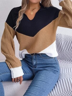 Casual Regular Colour Block V Neck Long Sleeve Knit Pullover - Image 11