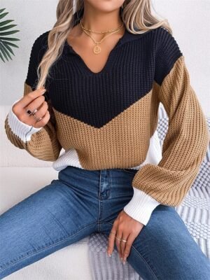 Casual Regular Colour Block V Neck Long Sleeve Knit Pullover - Image 12