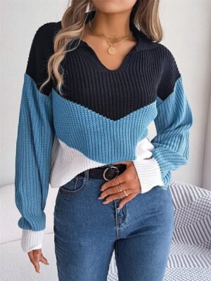 Casual Regular Colour Block V Neck Long Sleeve Knit Pullover - Image 15