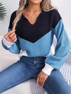 Casual Regular Colour Block V Neck Long Sleeve Knit Pullover - Image 18