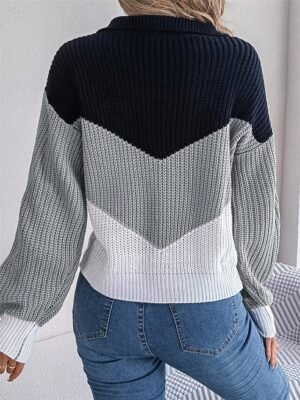 Casual Regular Colour Block V Neck Long Sleeve Knit Pullover - Image 4