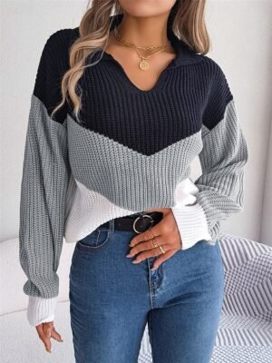 Casual Regular Colour Block V Neck Long Sleeve Knit Pullover - Image 5