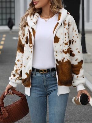 Casual Regular Cow Print Hoodie Long Sleeve Fleece Jacket - Image 5
