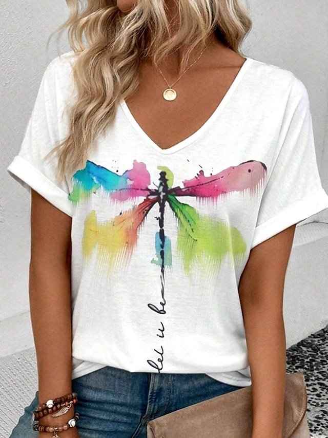 Casual Regular Dragonfly Letter V Neck Short Sleeve Summer T Shirt - Image 1