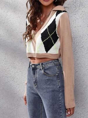 Casual Regular Fit Argyle Shirt Collar Long Sleeve Crop Top - Image 1