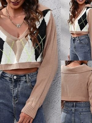 Casual Regular Fit Argyle Shirt Collar Long Sleeve Crop Top - Image 2