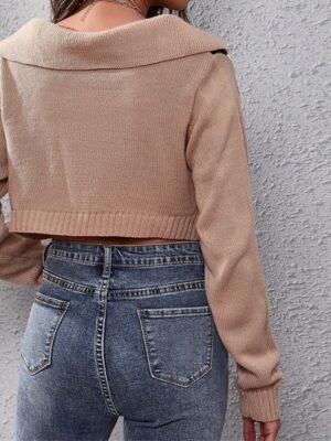 Casual Regular Fit Argyle Shirt Collar Long Sleeve Crop Top - Image 5