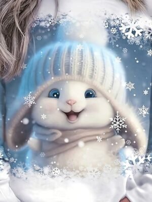 Casual Regular Fit Bunny with Hat Graphic Crew Neck Long Sleeve Winter Sweatshirt - Image 3